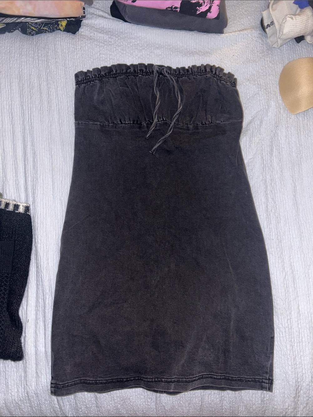 Black Strapless Drawstring Demin Dress